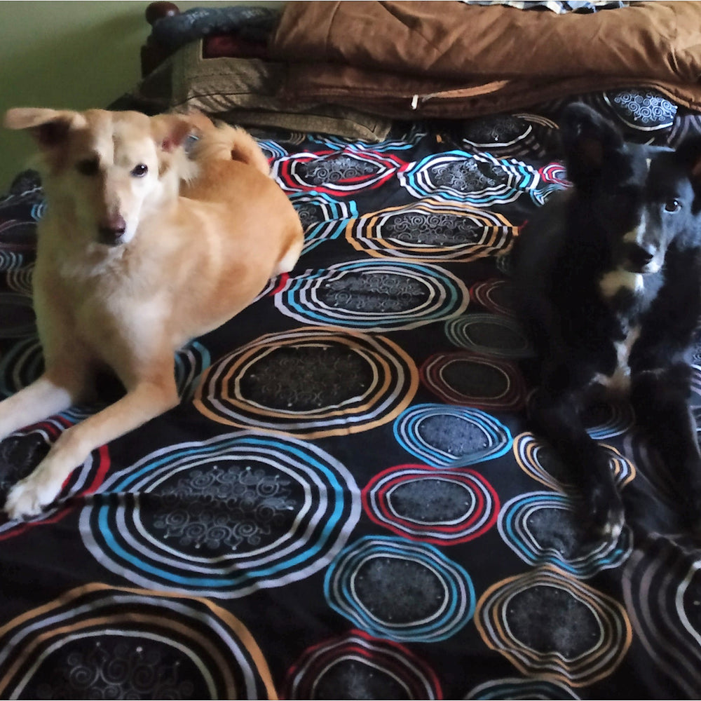 two dogs sitting on the bed