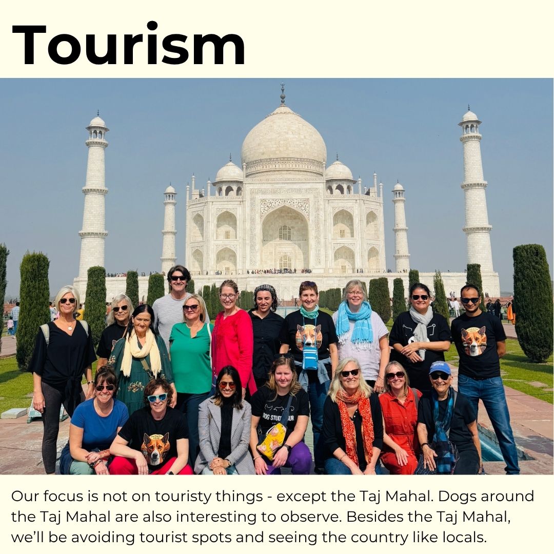 
                  
                    Group of people posing in front of the Taj Mahal with a text overlay about tourism.
                  
                