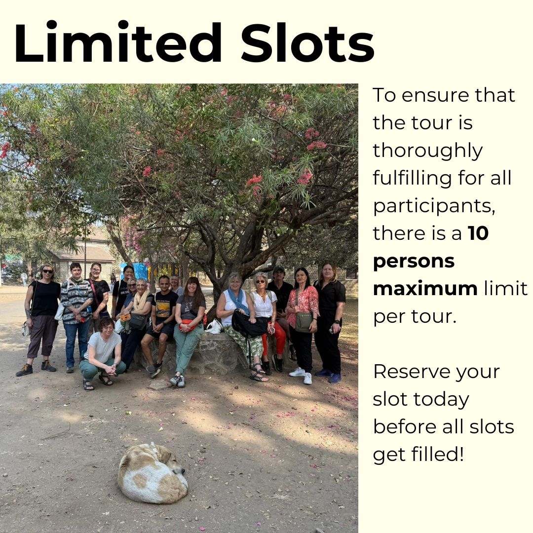 
                  
                    Group of people posing for a photo under a tree with text about tour capacity.
                  
                
