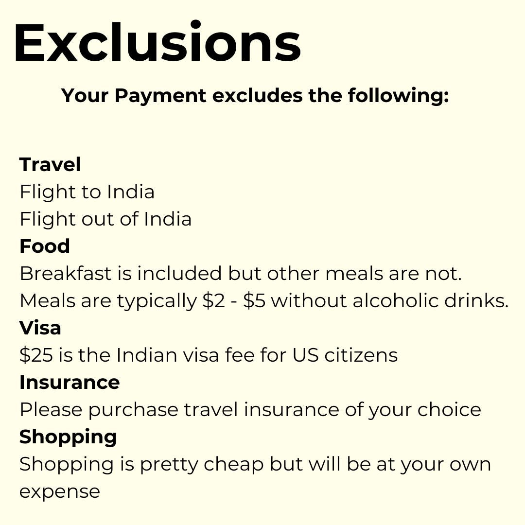 
                  
                    List of exclusions for travel, food, visa, insurance, and shopping on a white background.
                  
                
