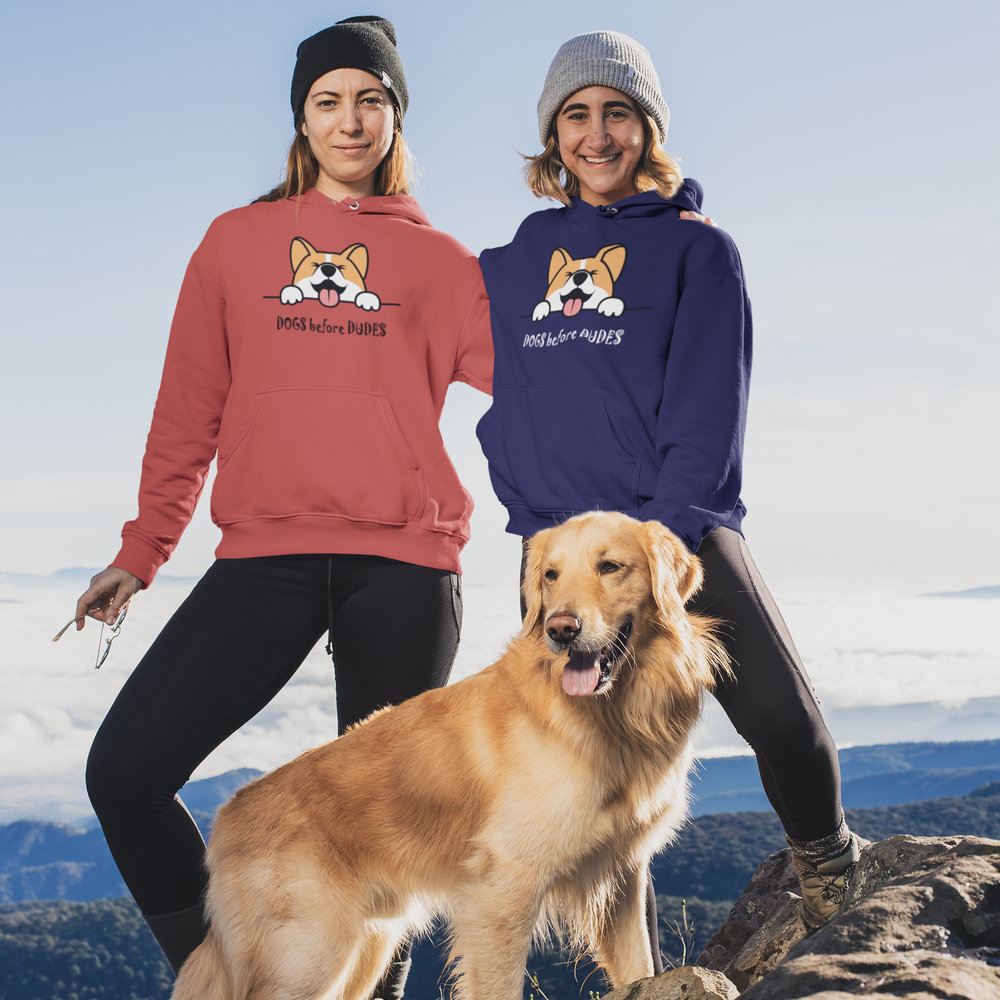 
                  
                    two friends with dog wearing floof cotton hoodie for dog lovers
                  
                