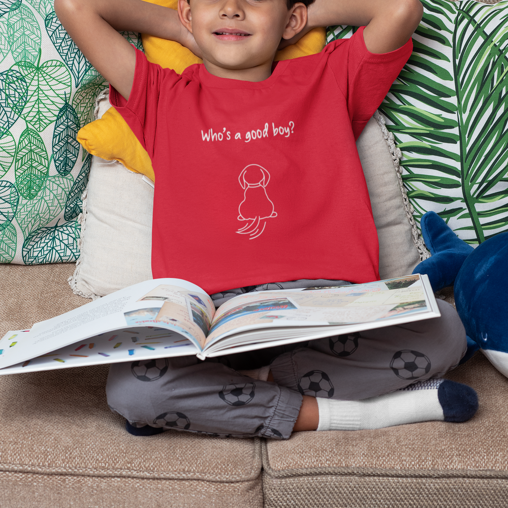 Boy wearing who's a good boy t-shirt for dog lovers