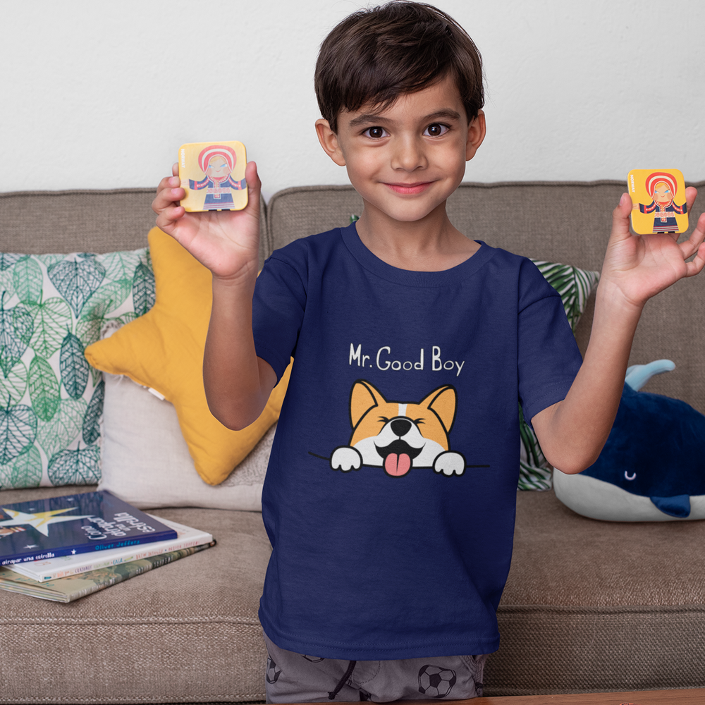 
                  
                    boy wearing mr good boy tshirt navy blue with toys floof
                  
                