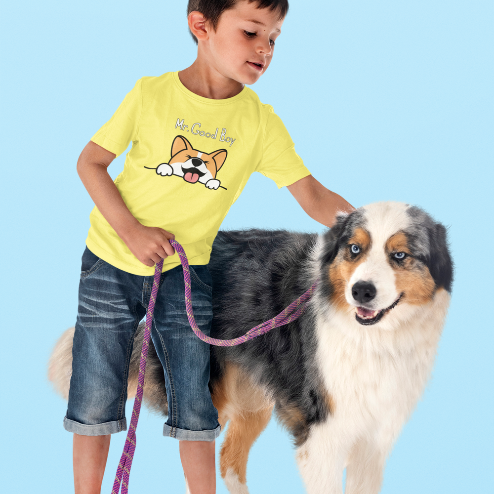 boy with dog wearing good boy tshirt